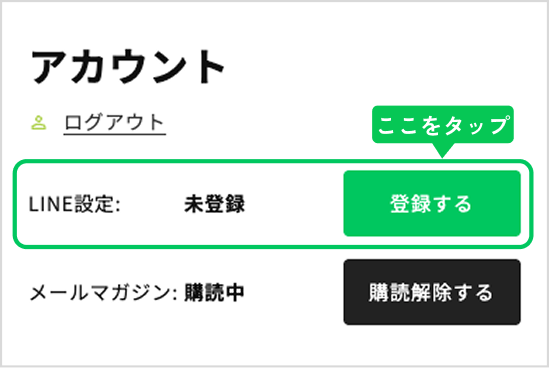 LINE連携をタップする場所を示したマイページ画面
